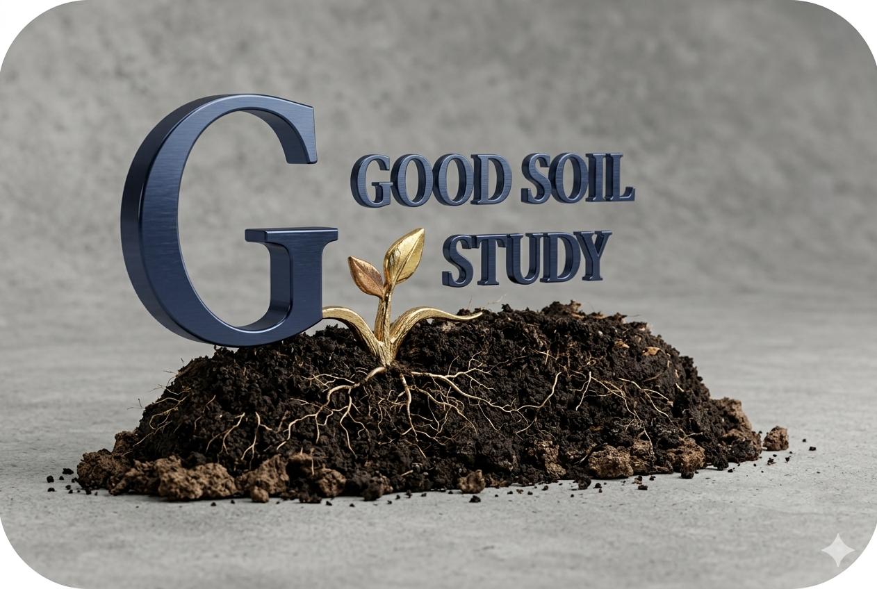 Open Bible with roots growing into rich soil — the Word taking root in good soil.